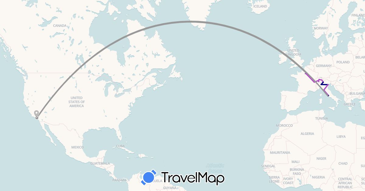 TravelMap itinerary: driving, plane, train in Switzerland, France, Italy, United States, Vatican City (Europe, North America)